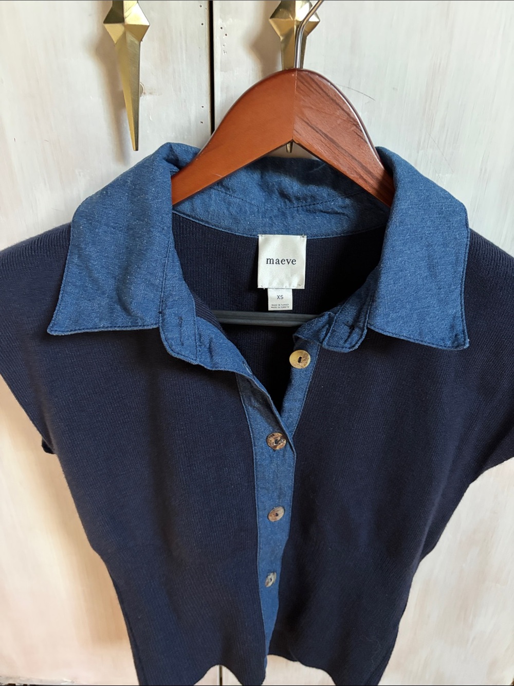 Maeve Navy Sleeveless Top with Denim-Look Collar and Placket